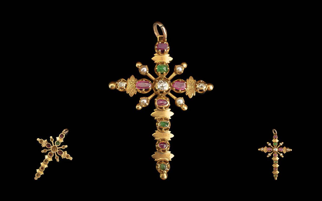 Antique Period 18ct Gold Styalished Cross Set with Rubies, Sapphires, Seed Pearls and Diamonds.