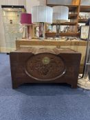 Large Carved Wooden Chest, decorated with Oriental figures. Measures 28'' high x 40'' wide x 20''
