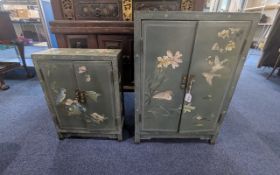 Two Chinese Painted Cabinets, Chinoiserie with floral decorations on green background. Floor