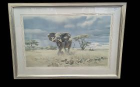 Large Signed Framed Print 'The Charge' by Donald Grant, depicting an elephant in the wild.