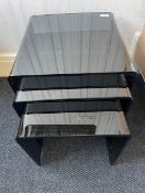 Modern Heavy Black Glass Nest of Three Occasional Tables, square design, largest measures 16''