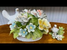 Large Capodimonte Floral & Dove Decorated Centrepiece, measures 16'' x 10'', together with a small