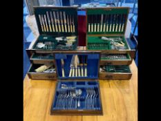 Three Silver Plated Canteens of Cutlery, comprising two early 20th century oak cased canteen, both