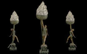 Art Deco Style Mid Century Figural Lamp, featuring a female figure in a dancing pose, with a glass