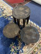 Three Carved Nupe Tribal Stools from Nigeria. Carved tops with geometric patterns. Tallest