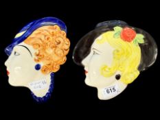 Two Art Deco Style Staffordshire Wall Masks.