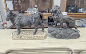 Two Modern Sculptures, comprising a Prize Bull hollow bronze on a marble base, measures 13'' x 16'',