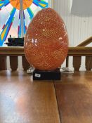 Large Mosaic Egg Shaped Table Lamp, orange colour, 24'' high, raised on a wooden base. Very