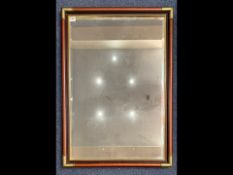 Large Mirror, with wooden frame and brass corners, bevelled glass. Measures 38'' x 27''.