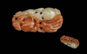 Chinese Carnelian & Agate Finely Carved Pendant, depicting a squirrel climbing amongst peaches and
