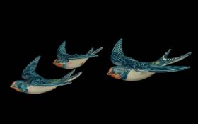 Beswick Hand Painted Set of 3 Figural Bird Wall Plaques ' Swallows ' Blue Colour way. Model No