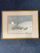Watercolour by David J Robertson, depicting sheep in a snow swept scene. Mounted, framed and glazed,