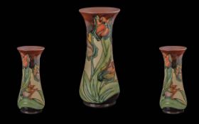 Moorcroft Hand Painted Vase of Wasted Form ' Red Tulip ' Design. Designer Sally Tuffin. Height 8