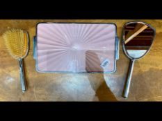 1930's Ladies Dressing Table Set, in chrome and pink enamel, comprising a tray, mirror and