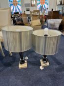 Pair of Matching Modern Table Lamps, silver and marble effect stepped base, and modern silvered