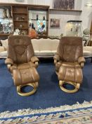 Pair of Camel Leather Stressless Chairs, with matching footstools. Raised on beech circular base.
