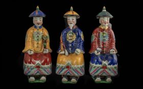 Three Oriental Figures 'The Sitting Sovereigns', late 19th Century. Impressed marks to base.