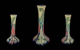 Moorcroft Hand Painted Tube lined Long Stemmed Vase, Styalished Floral Design on Cream Ground.