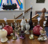 Two Boxes of Assorted Table Lamps, including two large red bulbous shaped lamps, a tall black