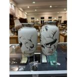 Pair of Japanese Seto Vases, circa 1900, unmarked. Height 12''. Decorated with cranes, bamboo and