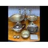 Box of Silver Plate, comprising a tea pot, footed fruit dishes, bowls, candelabra, etc.