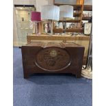 Large Carved Wooden Chest, decorated with Oriental figures.