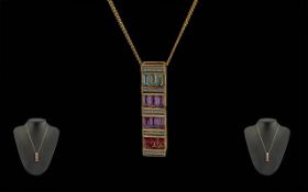 Ladies Modern 18ct Gold Multi Gem Set Pendant Attached to a 9ct Gold Long Chain. Pendant Marked