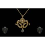 Ladies Ornate 9ct Gold Seed Pearl Set Pendant/ Brooch - Attached To A 9ct Gold Chain. A Pleasing