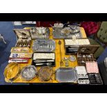 Box of Plated Ware, to include three large trays, teapots, milk jug, sugar bowl, gravy boat and