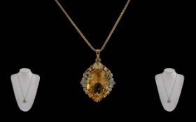 Ladies Superb Quality 18ct Gold Large Citrine & Diamond Set Pendant - Attached To An 18ct Gold