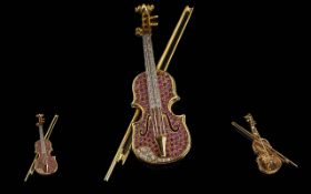 Ladies - Quality and Impressive Brooch In the Form of a Violin and Bow, Set with White Diamonds