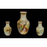 Royal Worcester Small Hand Painted / Signed Vase ' Peacock In a Woodland Setting ' Blue Skies,