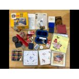 Box of Miscellaneous, to include boxed handkerchief sets, stock stamp book, odd costume jewellery,