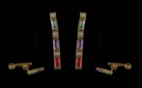 18ct Gold Multi Gem Set Earrings, Set With Alternating Coloured Stones Between Diamond Spacers,