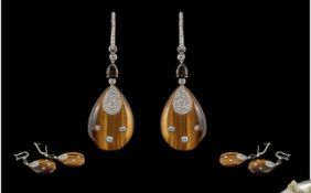 Ladies Excellent Pair of 18ct White Gold Impressive Tiger Eye Drop Earrings, Set with Diamond and