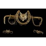 Antique Period 925 Silver Gilt Brooch, Features Foxes Head Between Horseshoe and Riding Crop-Whip to
