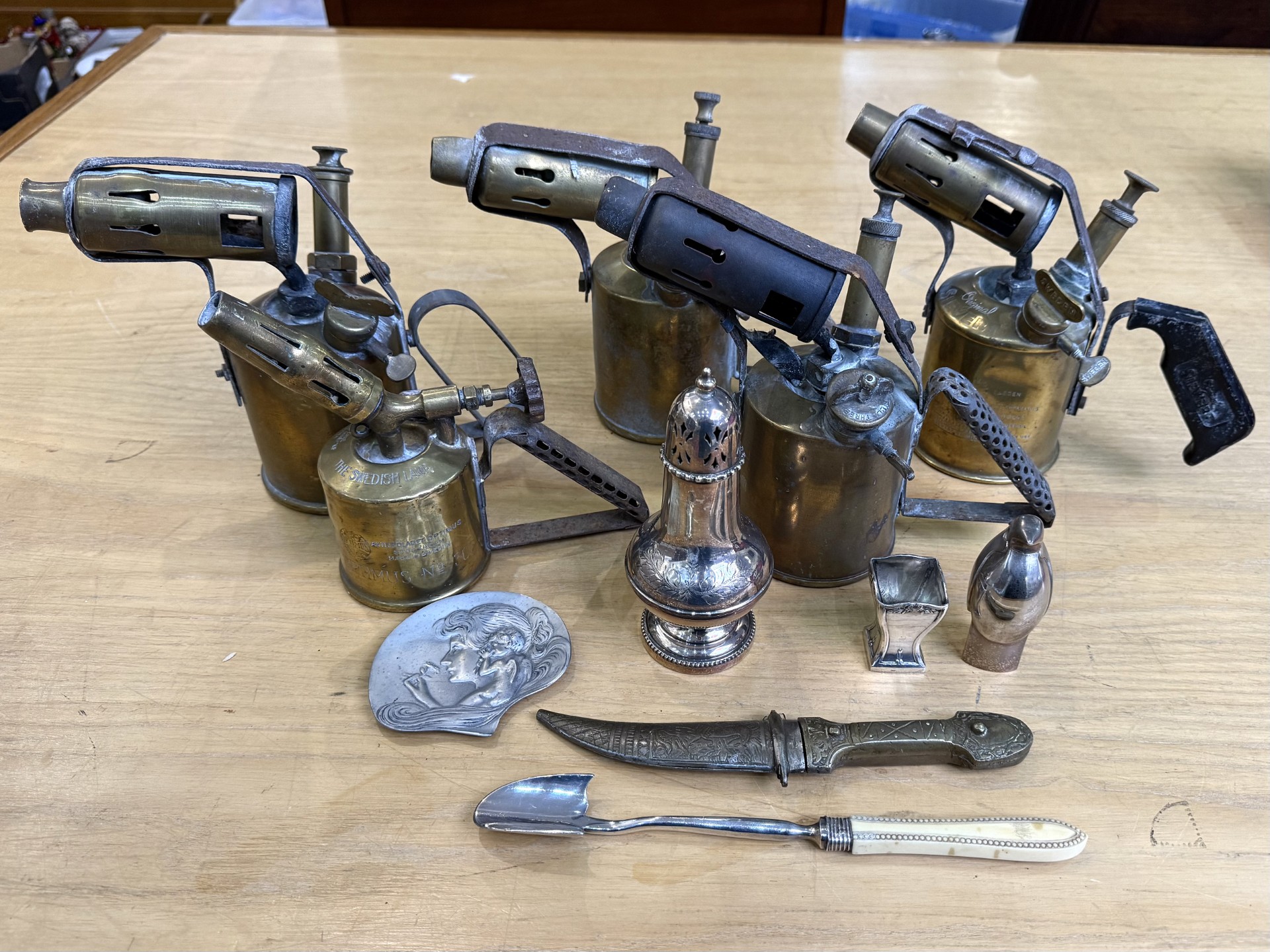 Mixed Collection of Metalware, including brass blow torches, cheese scoop, odd ornaments, etc.