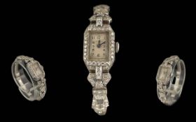 Ladies 9ct White Gold Diamond Set Mechanical Cocktail Wrist Watch. c.1930's. With Diamond Bezel