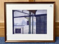 Rob Ball (British Contemporary) Liverpool Scene, withLiver buildings and shipping. Mixed Media in