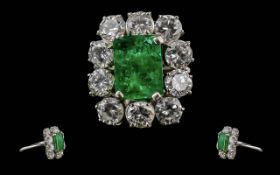 Ladies - Excellent Platinum Emerald and Diamond Set Cluster Ring. Tests Platinum 950. The Central