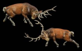 Pair of Saturno Sterling Silver & Enamel Deer Figures, In a Fighting Position, Beautifully Crafted