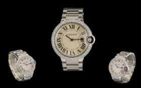 Cartier - Ladies Steel Ballon Bleu 33 mm Diamond Set Bezel Watch. Features Quartz Movement, Water