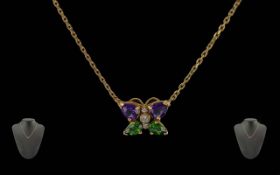Ladies Petite 18ct Gold Pleasing Quality Necklace with Gem Set Drop, Set with Diamonds, Amethysts,