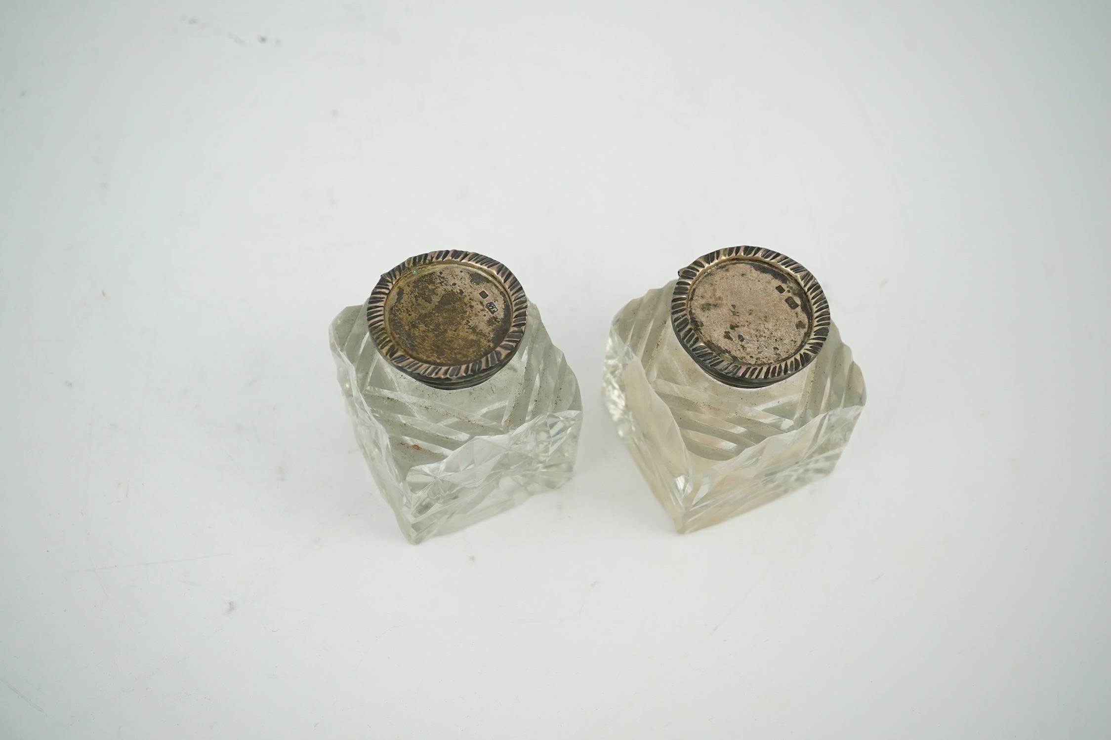 A pair of silver mounted cut glass inkwells, maker JT, height 66mm. Condition - fair to good - Image 7 of 7