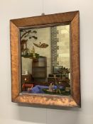 A late Victorian maple framed wall mirror with reverse painted chinoiserie decoration, width 44cm,
