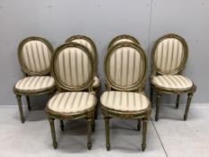 A set of six early 19th century Venetian painted, silvered parcel gilt side chairs, width 44cm,