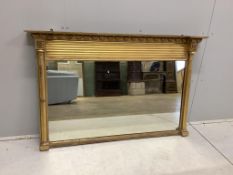 A Regency giltwood and composition overmantel mirror, width 139cm, height 87cm. Condition - fair