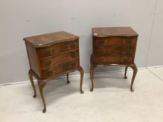 A pair of Queen Anne Revival serpentine walnut three drawer bedside chests, width 51cm, depth