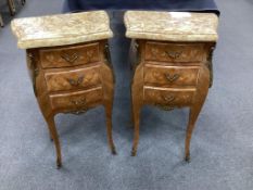A pair Louis XVI style inlaid kingwood, gilt metal mounted bombe marble top of bedside chests, width