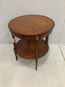 A French transitional style gilt metal mounted circular two tier occasional table, diameter 66cm,